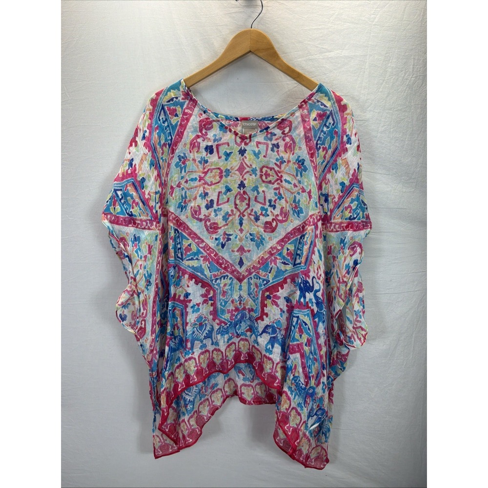 Chico's Womens L/XL Linen Poncho Top Pink Blue Elephant Print Bohemian Kaftan
